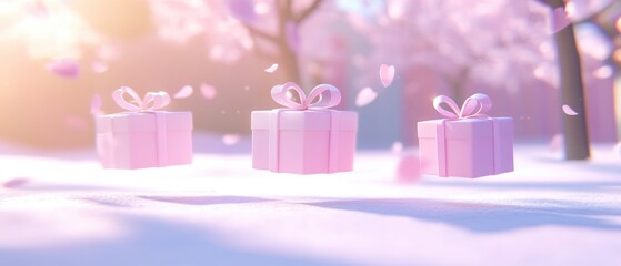 Three pink boxes are floating in the air, with pink flowers. Banner