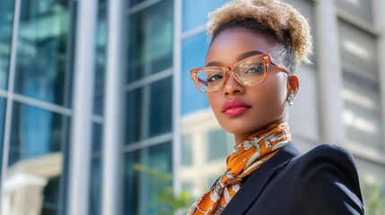 A professional woman stands confidently, wearing glasses and a chic outfit, with an inspirational city backdrop reflecting modern architecture. Generative AI