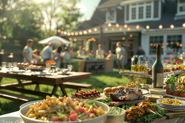 Generative AI Happy Kid Man Woman Family Couple friends Enjoying BBQ Picnic Celebrating Summer Weekend Outdoors