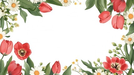 horizontal frame of blooming tulips, daisies, and green leaves forming a natural border on both sides. The center is an empty white background