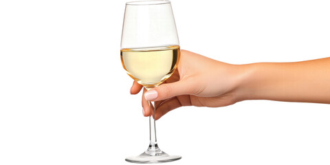 Cheers! White wine celebratory drink. Elegant female hand holding a glass of white wine or champagne