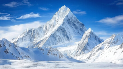 Obraz premium Snow capped mountain peaks, winter sky over cold alpine landscape, beautiful ice blue outdoor panorama, scenic white alps range, glacial wilderness view, frozen high ridges.