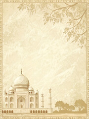 Beige grunge background featuring a silhouette of the Taj Mahal and trees, evoking a sense of travel and history.