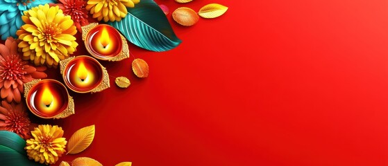 Obraz premium Red background with three yellow candles and a bunch of flowers. Banner