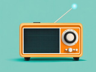 Bright orange vintage radio with an antenna against a soothing teal background, embodying nostalgia and retro charm.