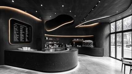 Modern dark cafe interior with curved bar, menu board, and large windows.