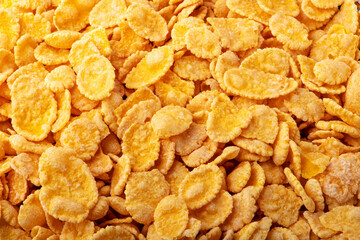 Corn flakes background and texture, cornflake cereal box for morning breakfast.