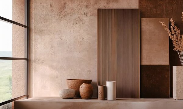Minimalist beige decor with various textured surfaces and dried plants