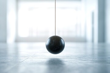 Hanging pendulum ball in a bright room, concept of motion and balance