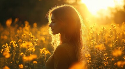 Silhouette of woman standing in a glowing field during sunset