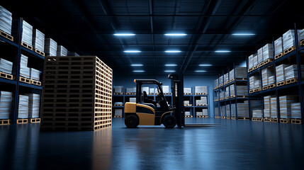 Naklejka premium Yellow Forklift in a Modern Warehouse with Stacked Pallets