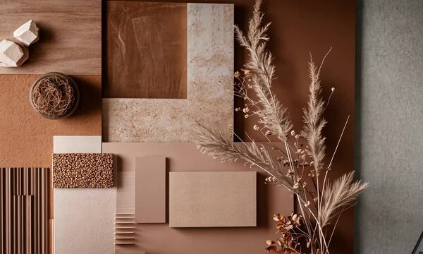 Neutral-toned interior design layout with wood, fabric, and dried plants
