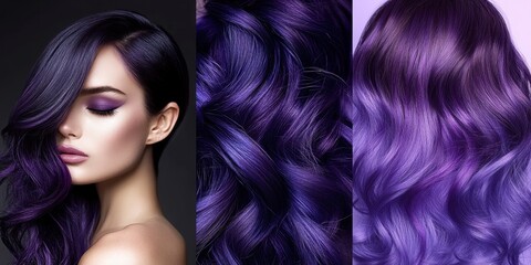 Naklejka premium A captivating hairstyle features vibrant purple ombre waves, enhancing the model's elegance and showcasing a rich, glossy finish. Generative AI