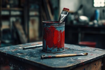 Paintbrushes Resting In A Used Paint Can