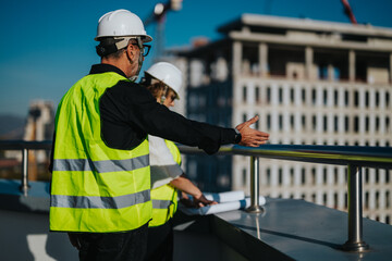 Two architects wearing hard hats and reflective vests discuss construction plans on site with...