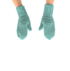 green knitted mittens on hands