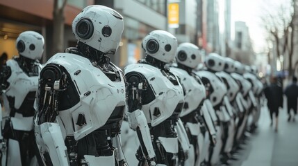 Fototapeta premium Group of futuristic robots in an outdoor setting