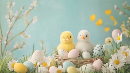 Easter chicks and eggs with daisies in nest, spring celebration concept for greeting cards and seasonal decor. Perfect for social media content, retail displays and family-oriented marketing materials