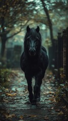 Black wolf standing in a dark forest with glowing eyes