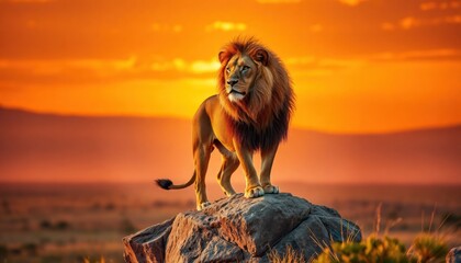 Majestic lion stands strong on rocky outcrop at golden sunset. Powerful animal embodies leadership, strength. Dramatic colors of sunset paint backdrop. Natural beauty, wildlife of Africa. Iconic