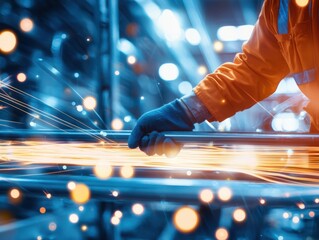 Industrial worker sparks innovation in metal fabrication factory action shot dynamic environment close-up perspective