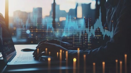 A person is analyzing data on a laptop in a contemporary office. The sunset creates a dramatic backdrop over the city skyline, enhancing the atmosphere. Generative AI