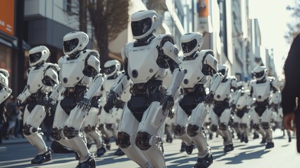 Obraz premium Group of futuristic robots walking together in an organized formation