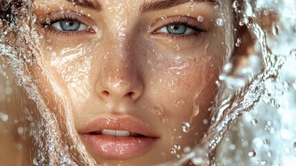 Water cascades over a woman's serene face, highlighting her striking features and clear blue eyes in a tranquil setting. Generative AI