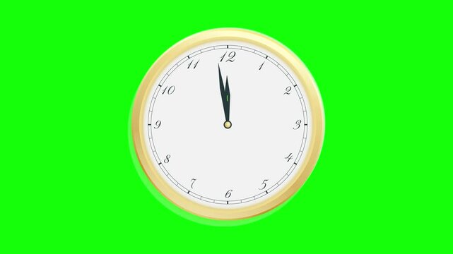 Vector analog clock hands rotation animation. Motion graphic shape animation. Countdown 5 minutes to midnight 12 o'clock new year. Large clock with gold border.