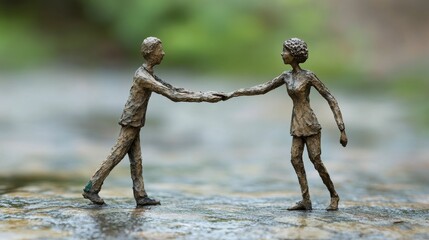 Obraz premium Two small figures shaking hands, outdoors.