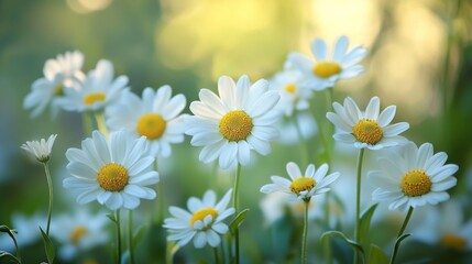 Fototapeta premium Close-up of white daisies blooming in a sunlit field
