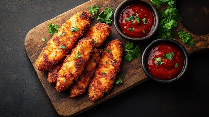 Breaded chicken strips or nuggets with two kinds of sauces and fried potatoes on a wooden Board. Fast food on dark brown background. with copy space