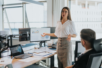 A business professional stands presenting financial data on a screen to a seated colleague. The office setting is modern and collaborative, indicating teamwork and effective communication.