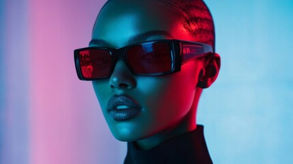 Futuristic portrait of a woman with glowing red and blue neon sunglasses