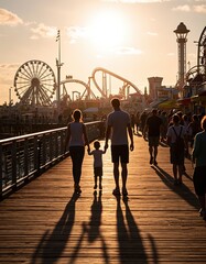Family walking on a wooden pier at sunset with long shadows. Ferris wheel and roller coasters in the background. Summer amusement park and boardwalk concept. Travel and vacation photography.