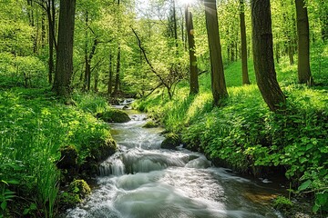 Obraz premium Spring forest stream flows surrounded by lush greenery.