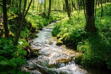Obraz premium Serene forest stream flows amid vibrant green foliage