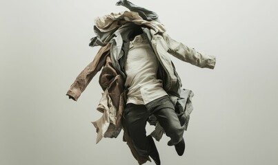 Person leaping, enveloped in airborne clothing.