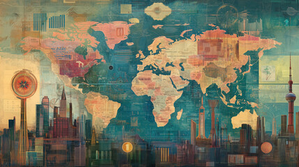 Collage of Global Maps Illustrating Dominant Economic Sectors, Key Exports, Industries, and Natural Resources with Charts and Futuristic Data Overlays Highlighting International Trade Patterns and Eco