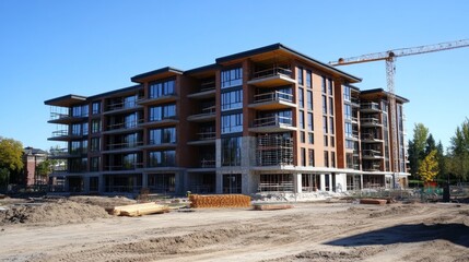 Unfinished apartment building at construction site with clear sky