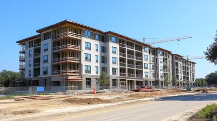 Modern residential buildings under construction with cranes
