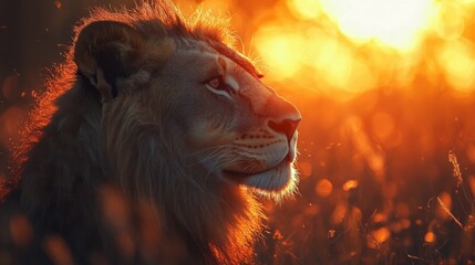 Naklejka premium Lion's profile illuminated by golden sunset light