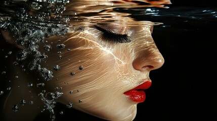 A woman is submerged in water, her profile enhanced by shimmering light patterns, contrasting with her striking red lips and elegant hair movements. Generative AI