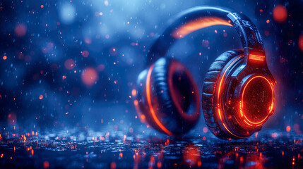 Professional black headphones glowing with red LED lights, placed on a wet reflective surface in a neon-lit urban setting during a rainstorm