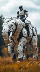 Fototapeta premium Futuristic warrior wearing armor and standing in an orange field