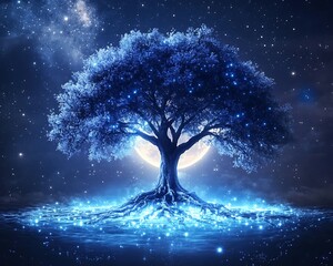 Luminous Tree Illuminated By Night Sky And Moon