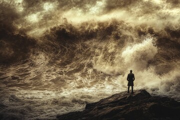 Fototapeta premium Solitary figure observes immense crashing waves.