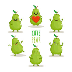 set of cute cartoon pear with emotions isolated on white background. Green pear in different poses. Funny fruit characters. Vector illustration.
