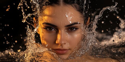 A woman with striking features emerges from water, her face framed by glistening droplets as soft light highlights her expression, creating a mesmerizing effect. Generative AI
