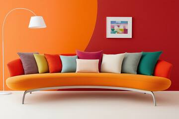 New curved sofa with many pillows sits in modern living room